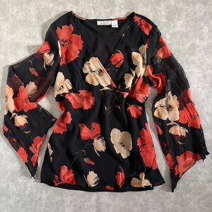 silk black fairy flowy floral mesh bell sleeve top | New York City Design Co
